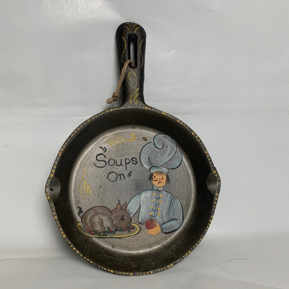 Folk Art Hand Painted Chef Turkey Black Skillet 6.5"Cast Iron Vtg Country Decor